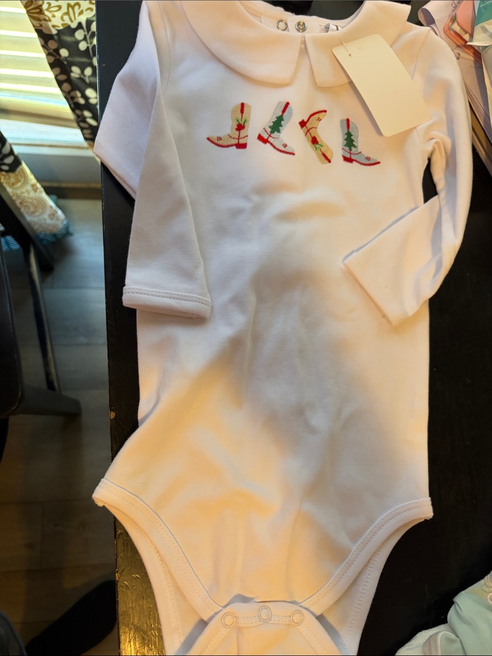 White Baby One-Piece with Embroidered Cowboy Boot Motif Christmas 18m